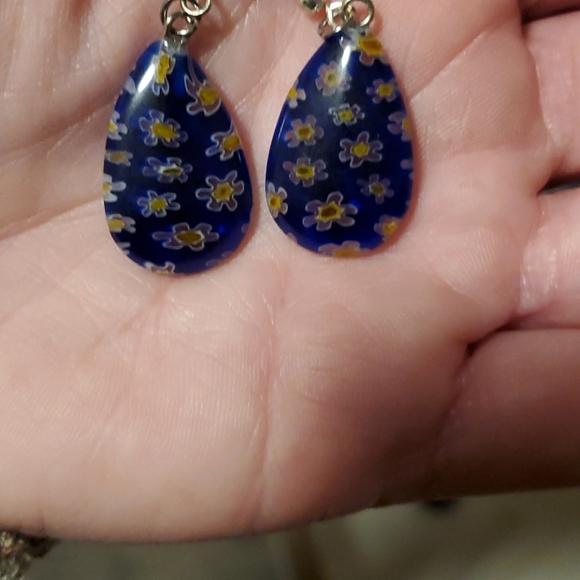 *Sale* New Pear Shaped Blue Millefiori Glass Earrings. - Picture 8 of 9